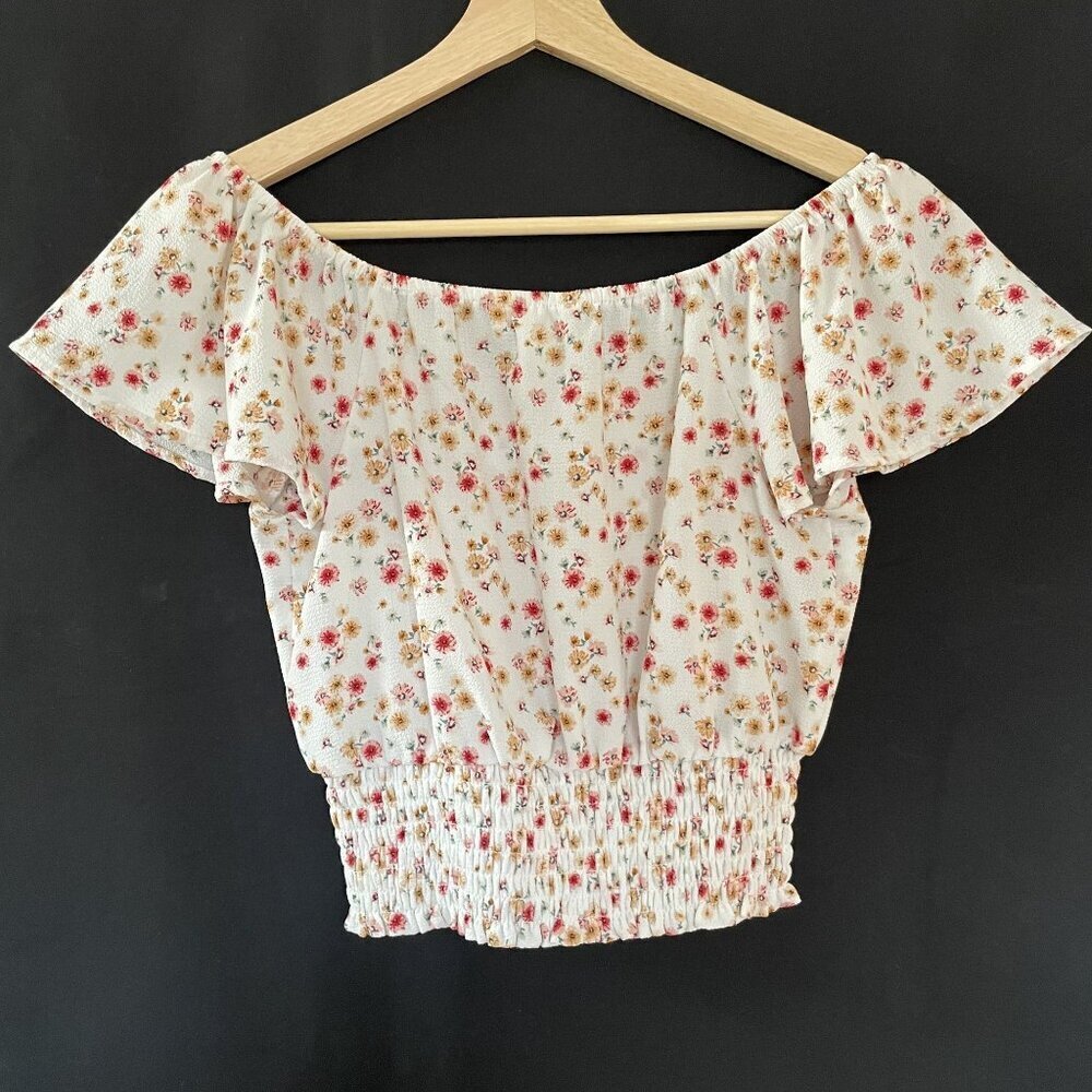 Monteau red and yellow‎ floral frilly crop top women's size small cinched waist - Picture 8 of 8